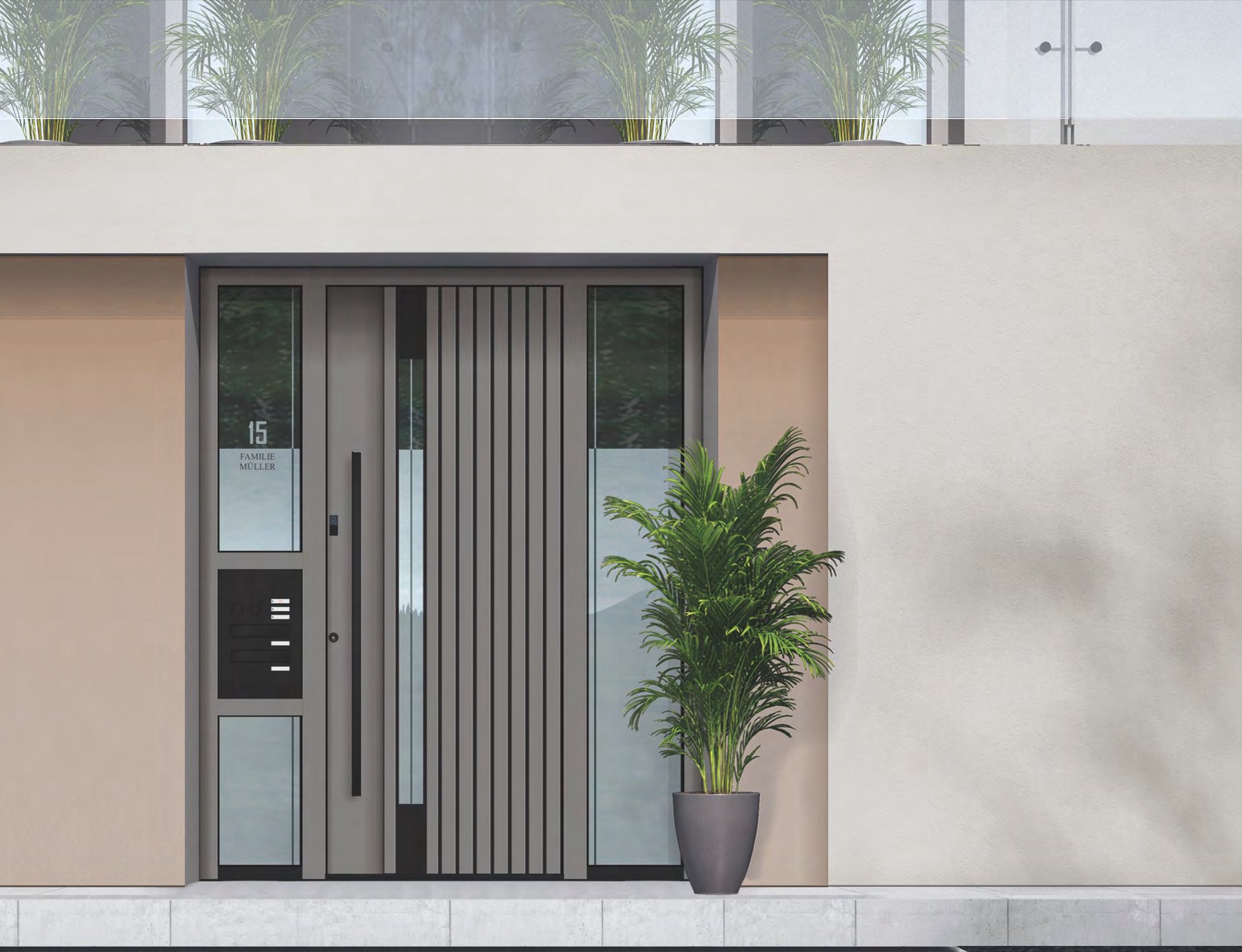 Moderne Aluminium-Haustür mit Seitenteilen an einem hellen Einfamilienhaus