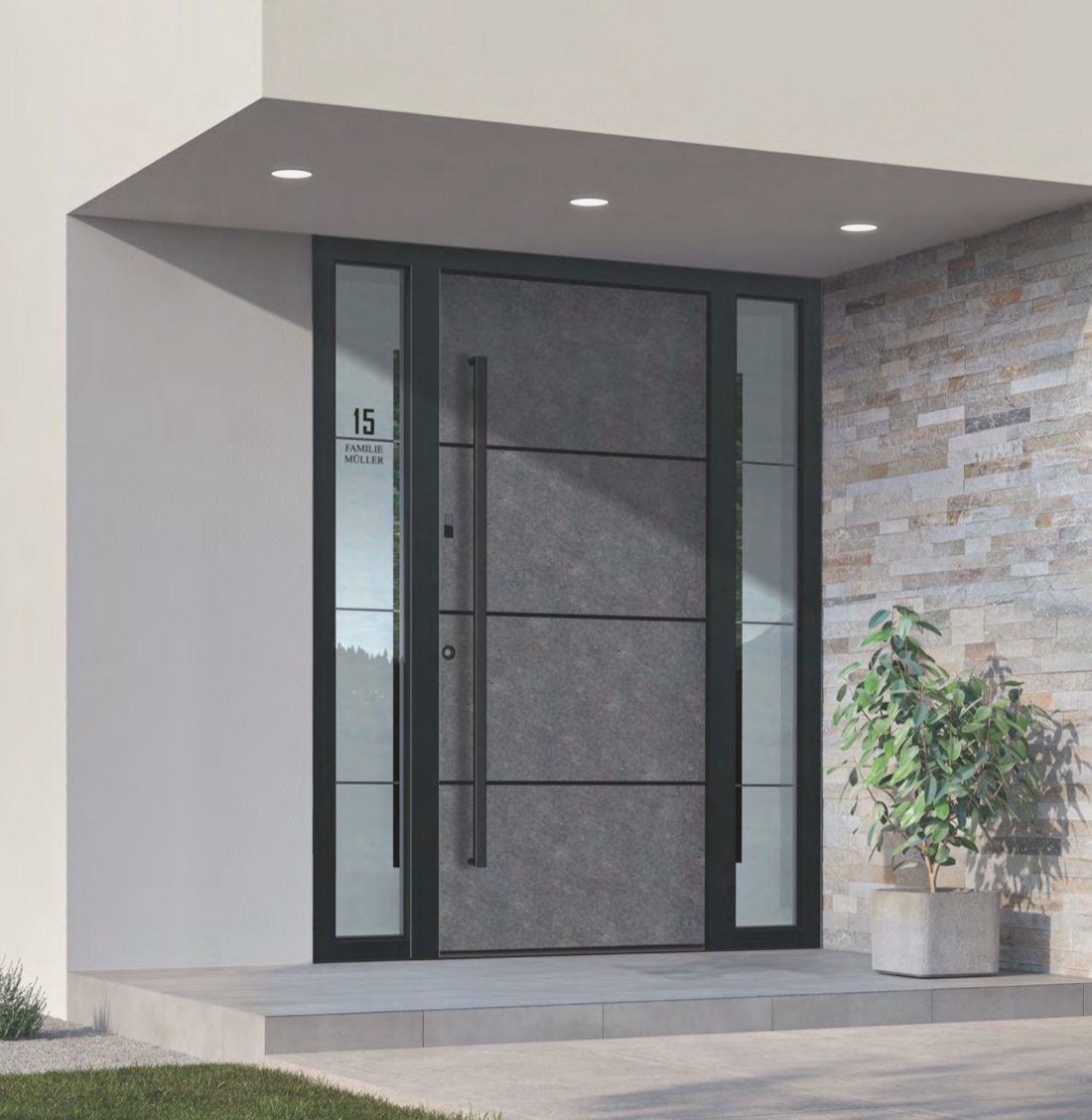 Moderne anthrazitfarbene Aluminium-Haustür mit Glas-Seitenteilen und Natursteinwand