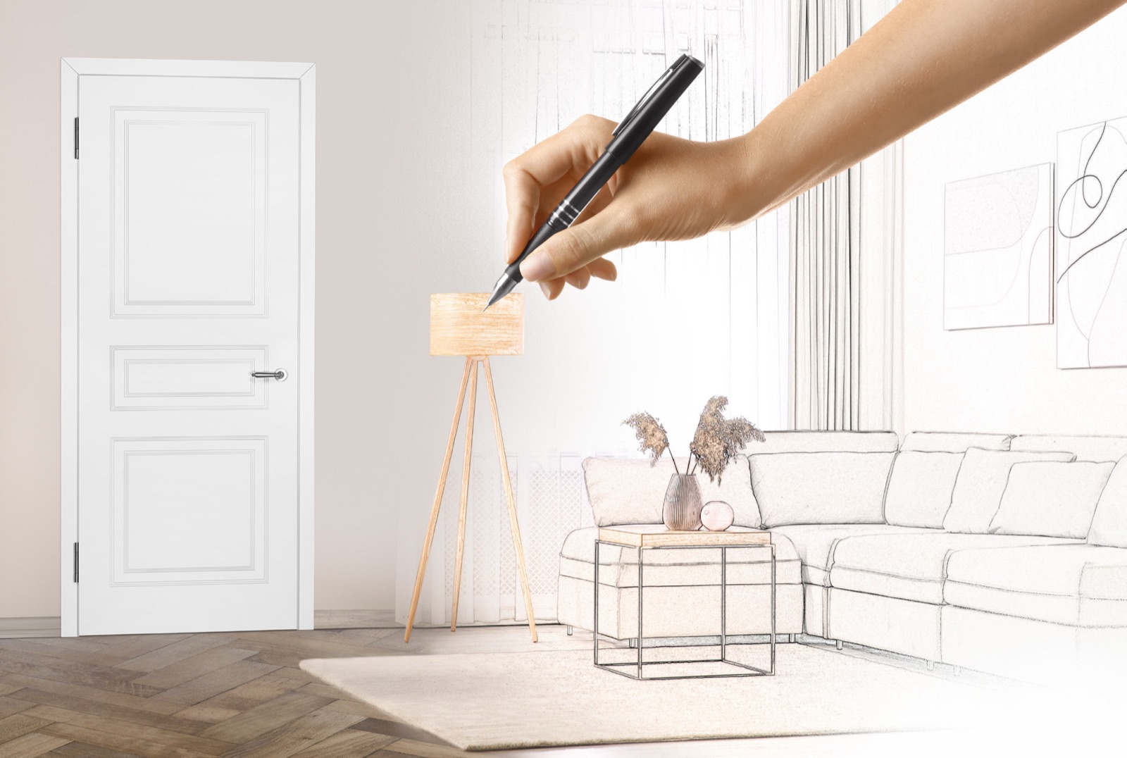 Eine Hand skizziert ein Wohnzimmer rund um eine weiße Innentür – Symbol für die individuelle Türgestaltung